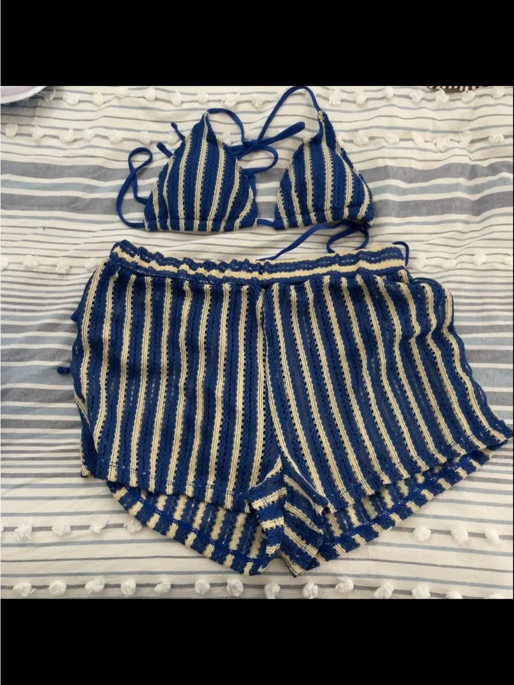 Striped Blue and Cream Crochet Bikini Set